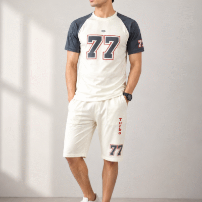 Men’s Casual Summer Tracksuit Set – “77 Turbo” Printed T-Shirt & Shorts (Cream White)